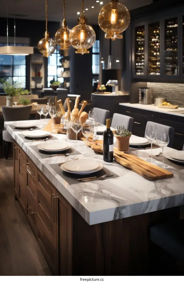 Modern Kitchen Island with Marble Top and Wood Base