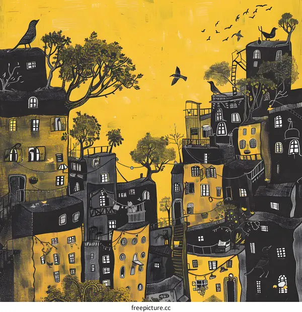 Yellow Sky Black and White Illustration of a Cityscape with Birds