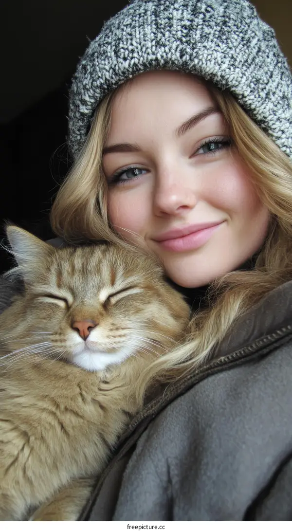 Young Woman and Cat Embrace