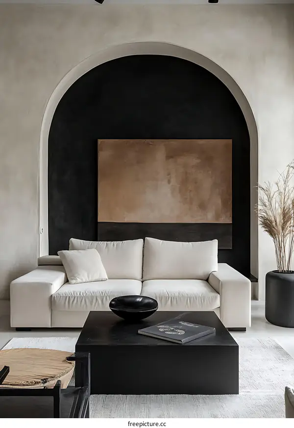Modern Minimalist Living Room Design with Beige Sofa and Dark Coffee Table