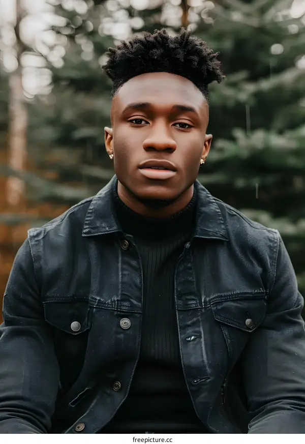 Black Man Wearing a Black Denim Jacket Looking at Camera
