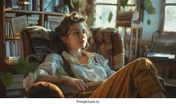 Young Woman Relaxing in a Comfortable Armchair in a Cozy Home