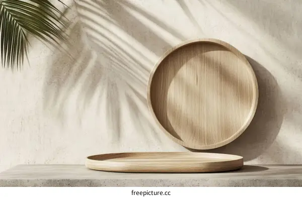 Wooden Tray Display Against Beige Wall with Shadow