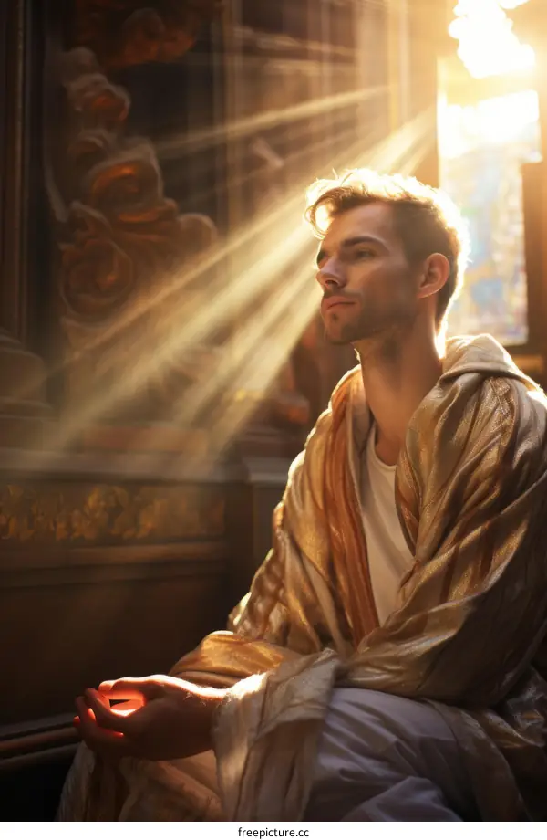 Young male with blond hair and blue eyes wearing a golden robe sitting in a dimly lit room with rays of sunlight shining through a window