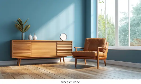 Blue room with wooden cabinet and brown leather armchair by the window