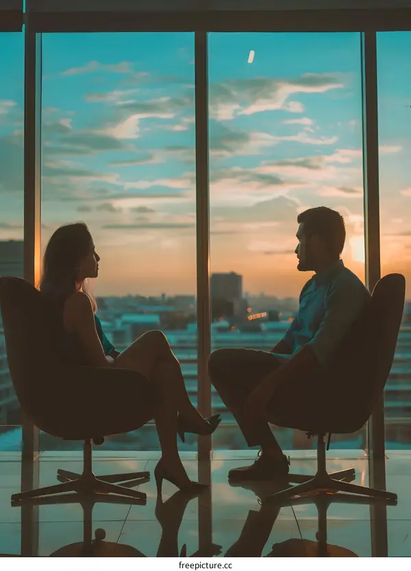 Couple Sitting in Chairs Facing Window With City Skyline View During Sunset