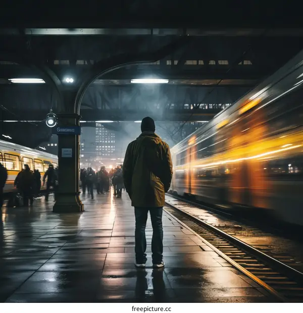 Man in Yellow Jacket on Night Train Platform with Blurred Train