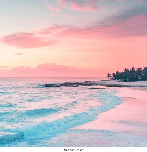 Pink Sunset over Tropical Beach with Waves and Palm Trees