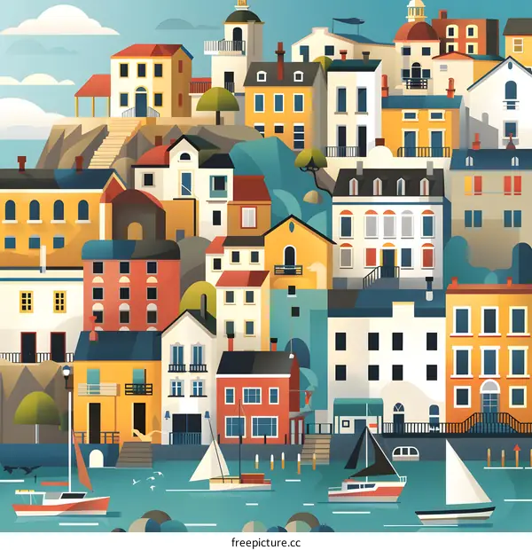Colorful Cityscape Illustration with Boats and Buildings
