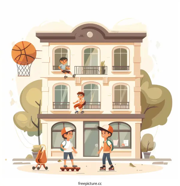 children playing outside an apartment building