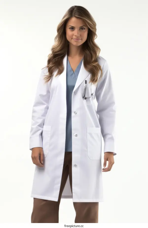A female doctor in a white lab coat
