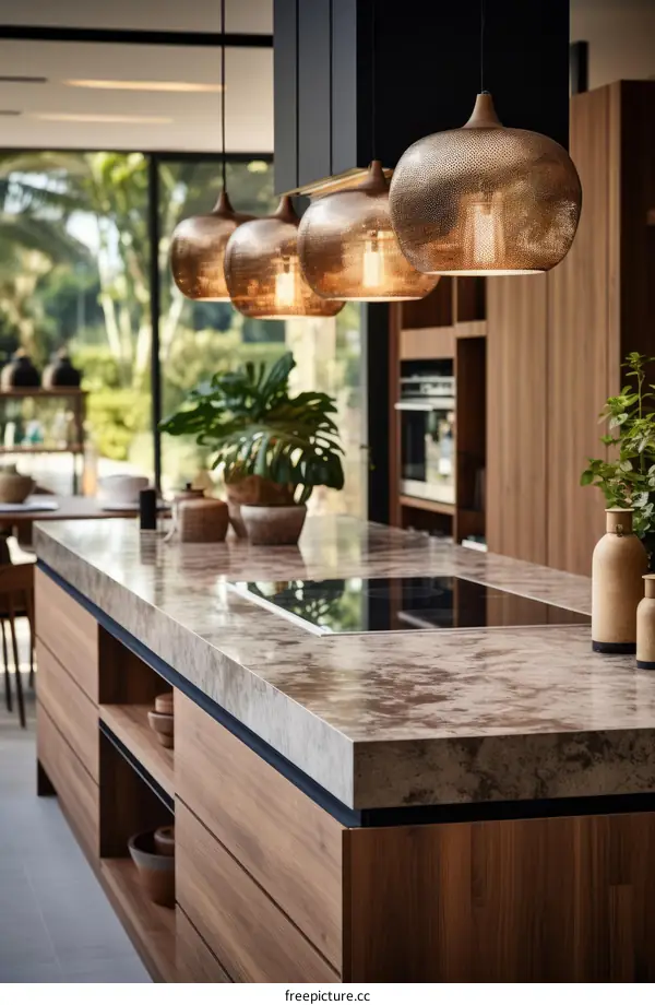 Modern kitchen interior with large island and marble countertops