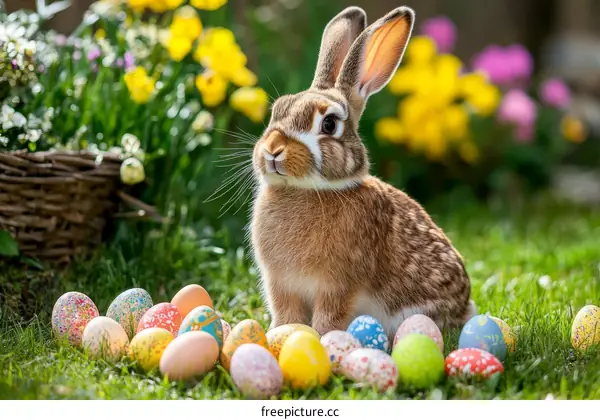 Easter Bunny with Colorful Eggs in a Garden