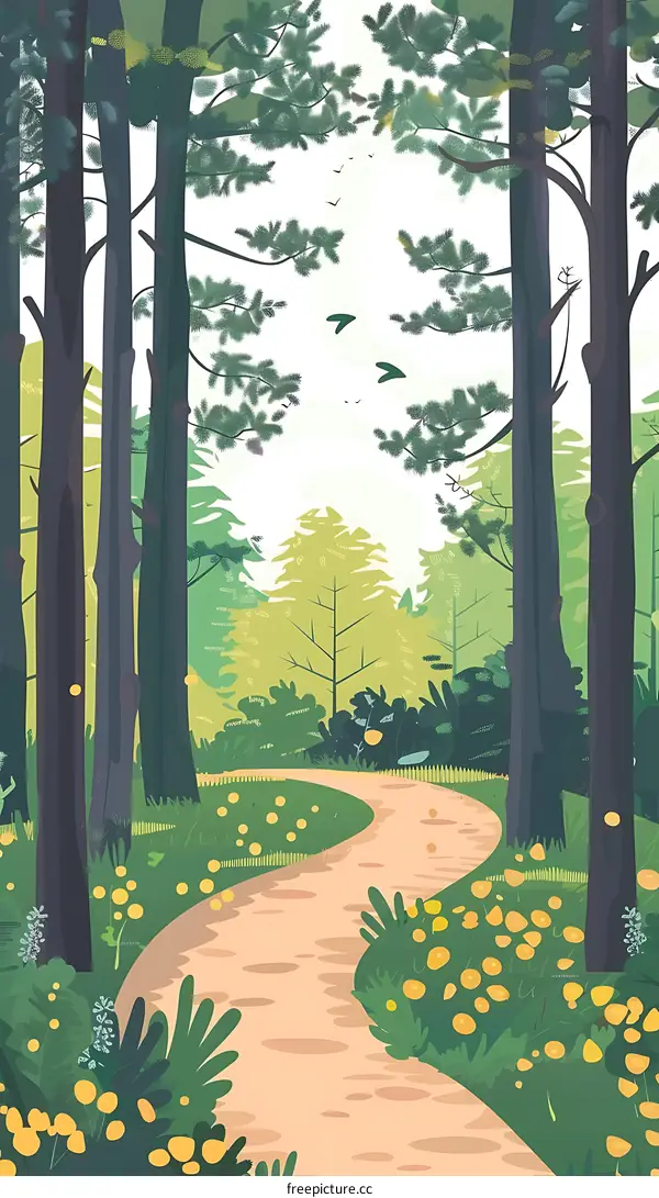 Forest Path With Trees And Flowers
