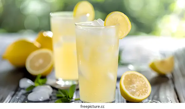 Refreshing Lemonade with Ice Cubes and Lemon Slices