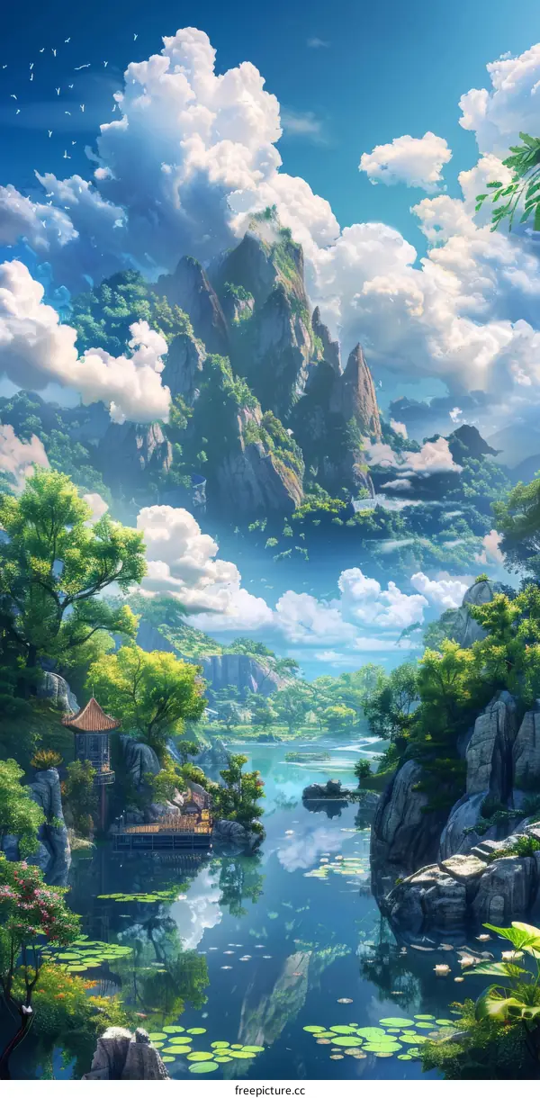 Mesmerizing Chinese Fantasy Landscape: Serene Mountains and Enchanting Pavilion