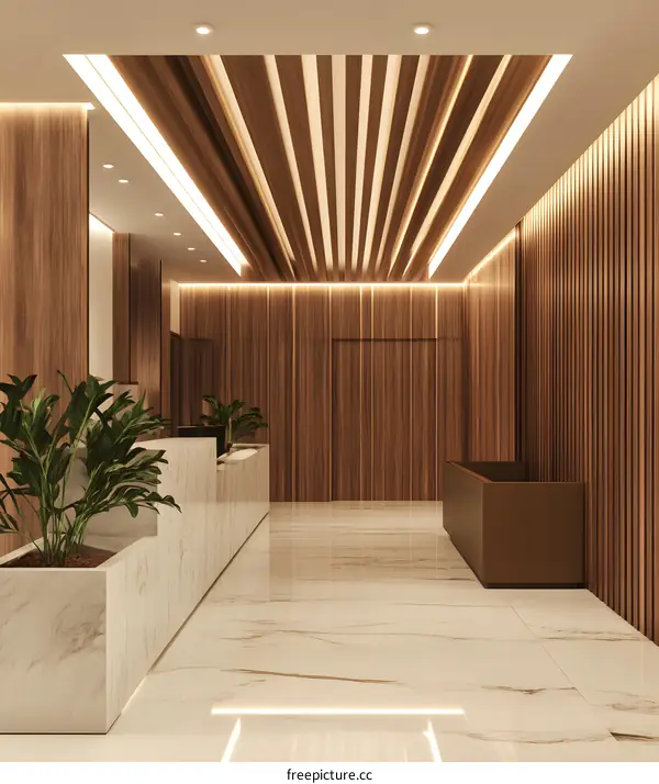 Modern Hotel Lobby Interior Design With Wood Paneling And Marble Floor
