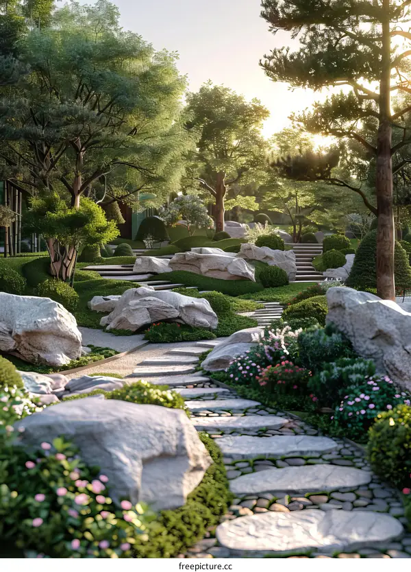 landscaped garden with large rocks and stone path