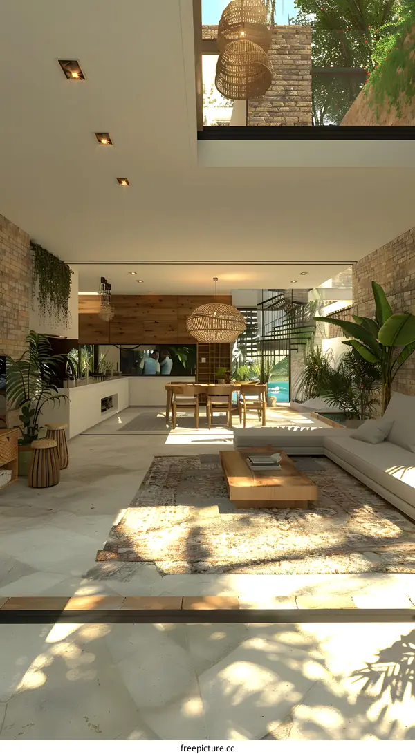 An open-plan living space with a high ceiling