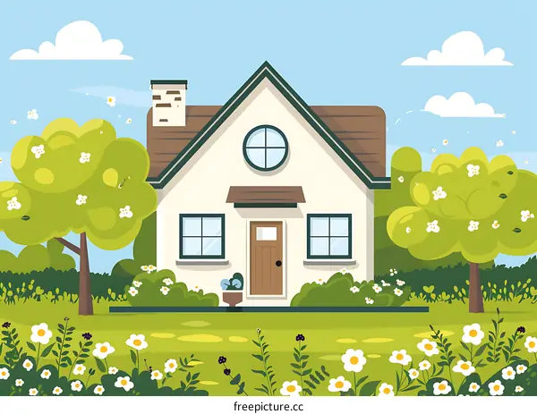 White House with Green Trees and Flowers in the Garden