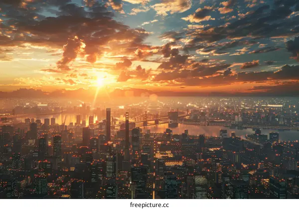 Cityscape of a large city with a river running through it and a sunset in the background