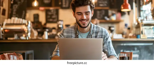 Smiling Man Using Laptop in Cafe