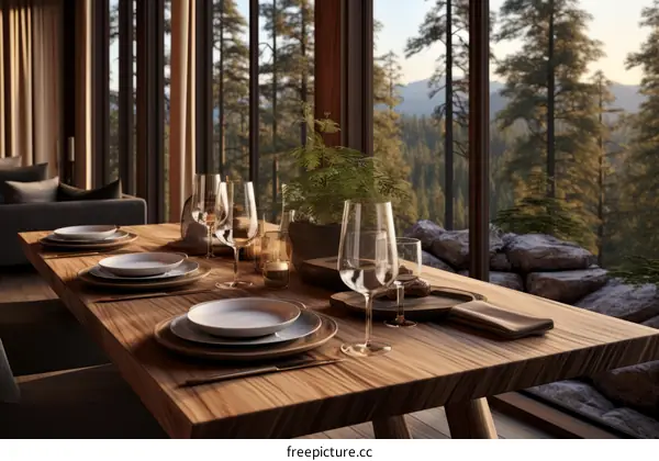 Modern dining table with a view of the forest