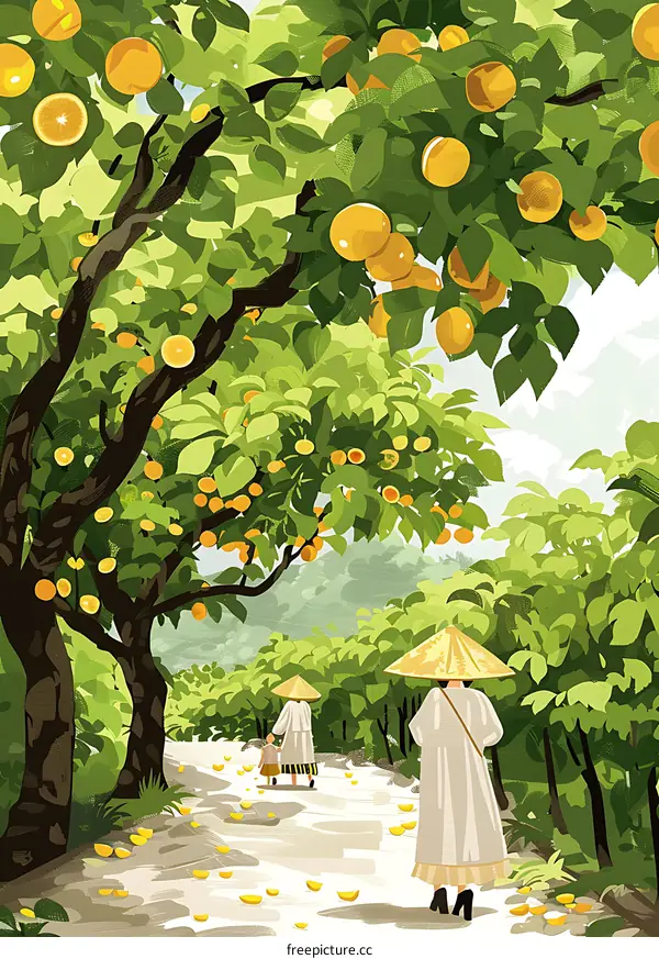 Family Walk Through Orange Grove Illustration
