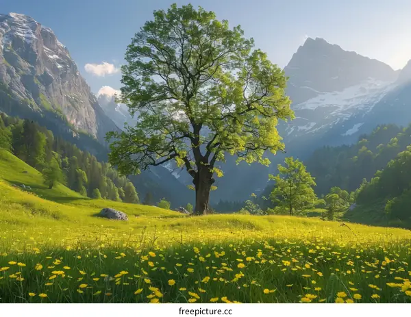 Tree in a green field with mountains in the background