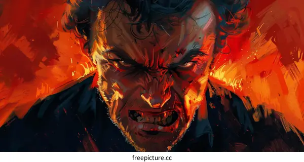 An enraged man with red eyes and a scar on his face