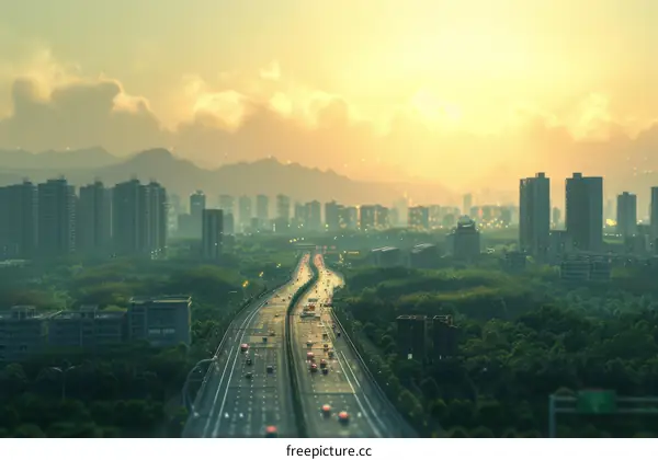 Sunrise over a city highway
