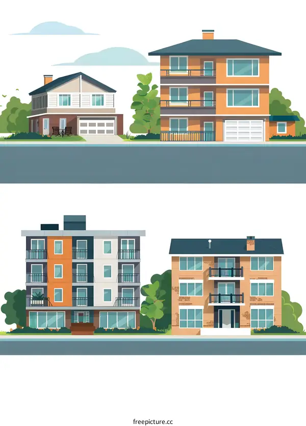 Illustration of Different Types of Houses with Green Trees
