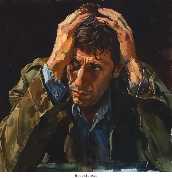 Watercolor Portrait of Man with Hands on Head in Thought
