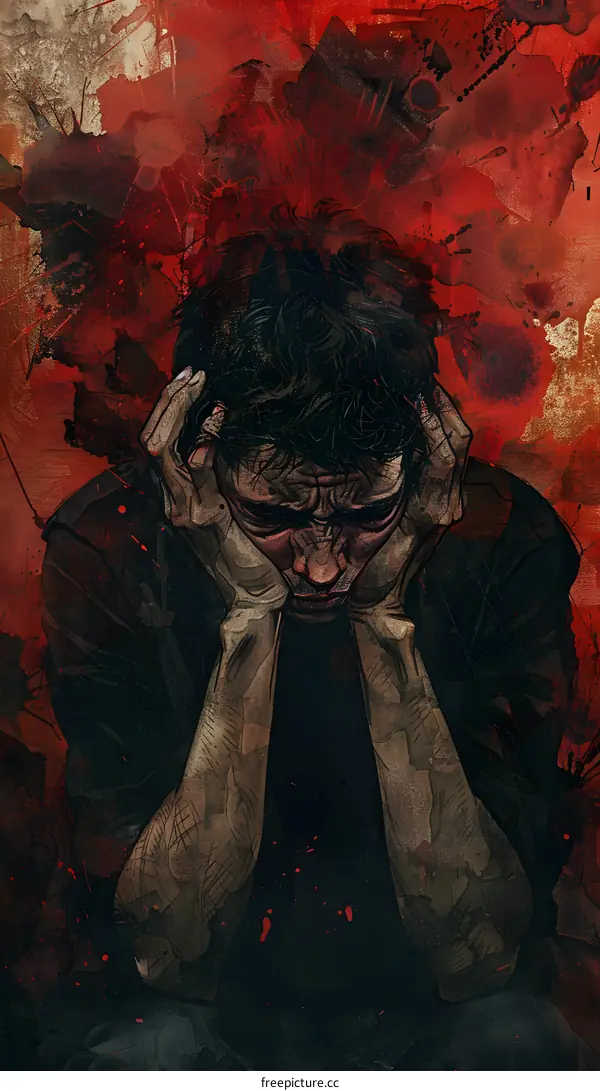 A dark, brooding man holds his head in his hands