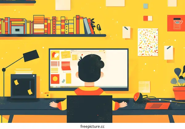 Man Sitting at Computer Desk Working on Design Project