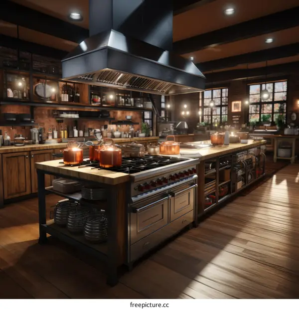 Rustic Kitchen with Large Island and Exposed Brick