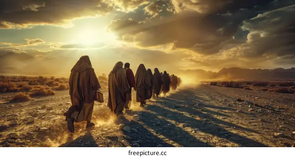 A group of people walking through a desert landscape.