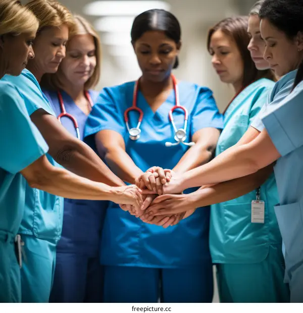 A group of diverse female healthcare professionals joining their hands together in unity and support