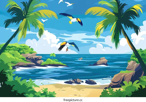 Tropical Beach Illustration With Palm Trees And Toucans