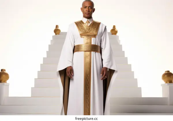Black man in white and gold outfit stands on pyramid
