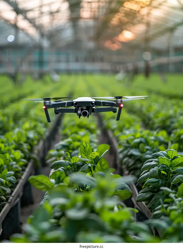 A drone flies over a lush green field of crops