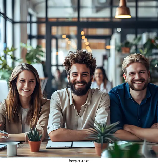 Three smiling business people sitting at a table in an office