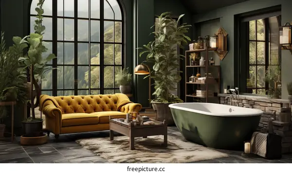 Elegant Victorian Bathroom with a Green Bathtub and a Yellow Chesterfield Sofa