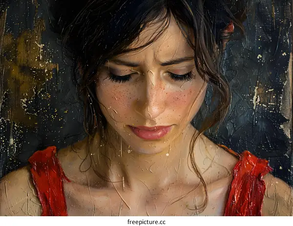 Portrait of a young woman with freckles and red dress