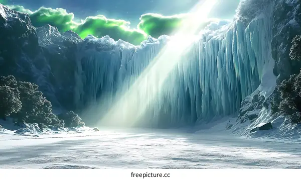 Frozen Waterfall With Green Aurora Borealis