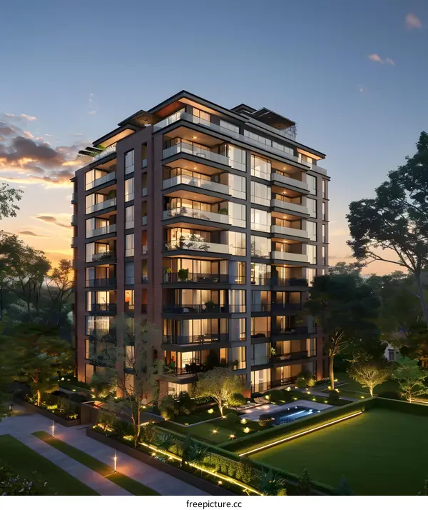 Modern Brick Apartment Building With Swimming Pool At Sunset