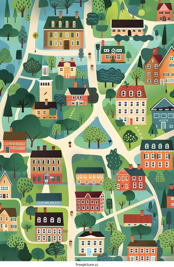 Colorful Illustration of a Town with Buildings and Trees