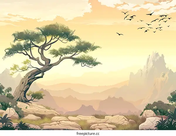 Mountain Landscape Illustration with a Single Tree