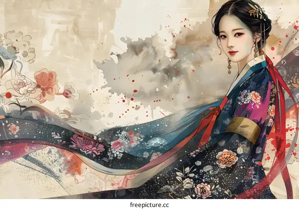 A beautiful illustration of a woman in a traditional Korean dress, with long black hair and pink flowers in her hair.