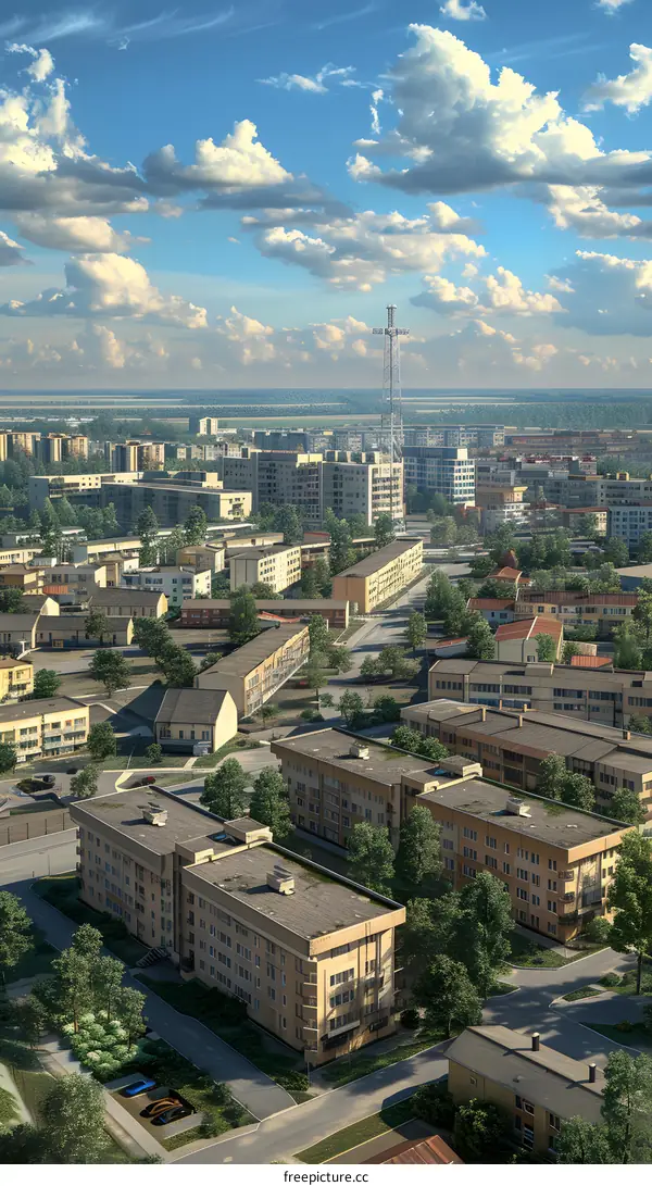 An aerial view of a city with blue sky and white clouds